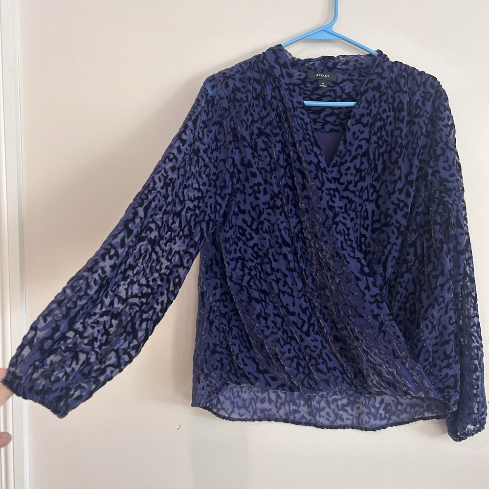 Purple Animal Print Velvet Burnout Wrap Top Size M Sheer Lined